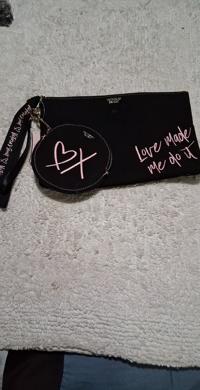 Victoria's Secret Black Wristlet Clutch with Pink Script and Coin Pouch